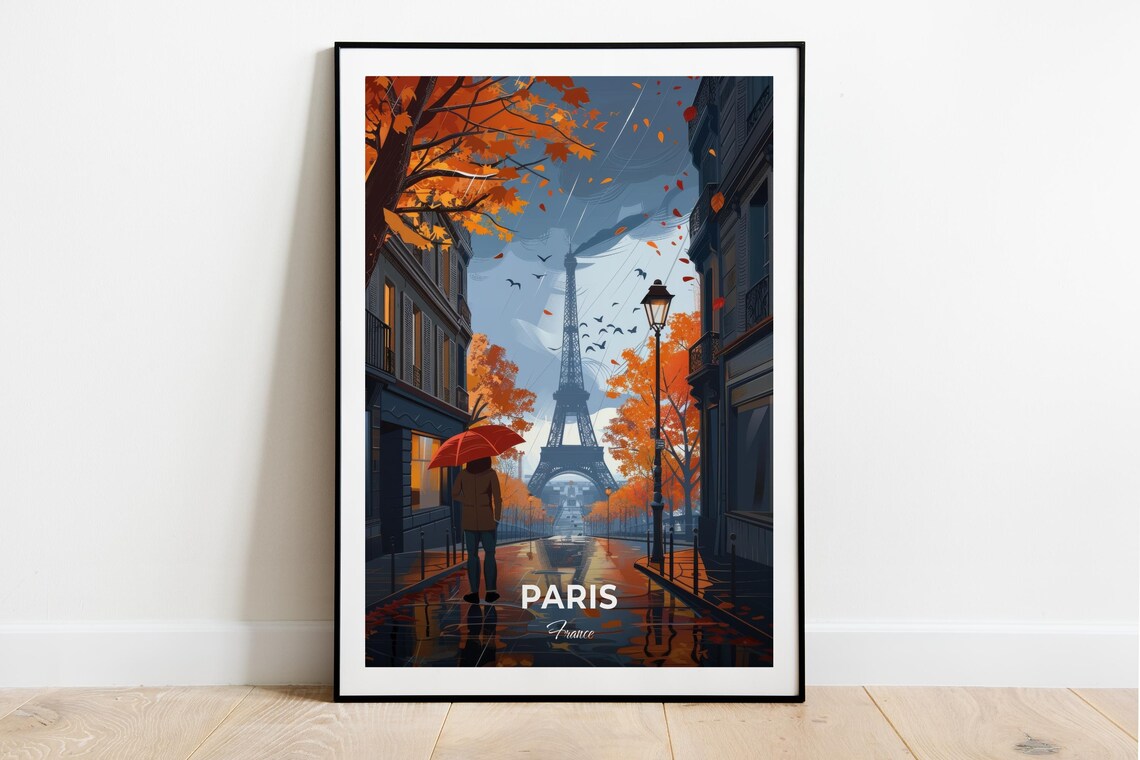 Paris France Eiffel Tower Autumn Rain Street Scene Travel Poster