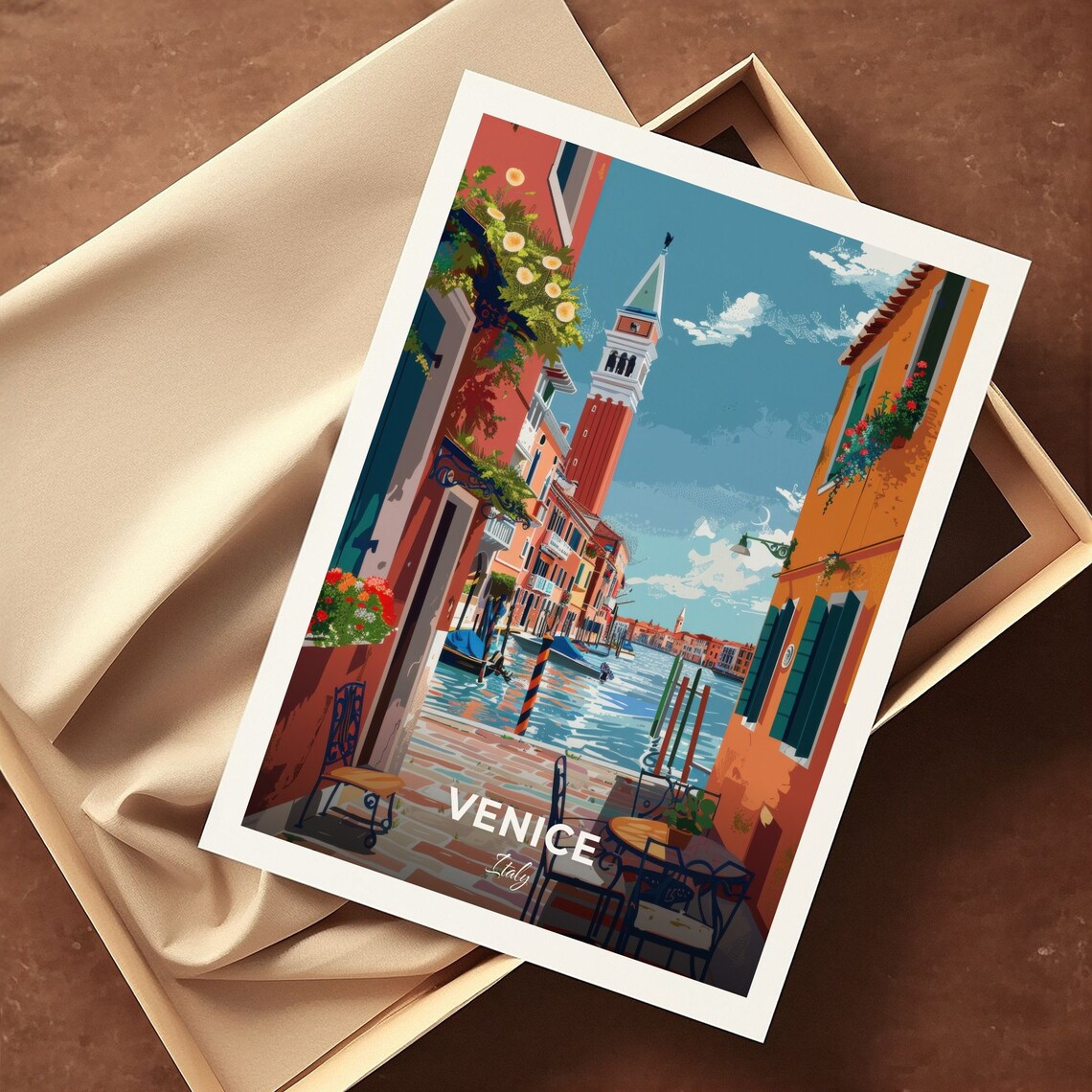 Venice Italy Sunny Canal Bell Tower View Travel Illustration Poster - Image 3