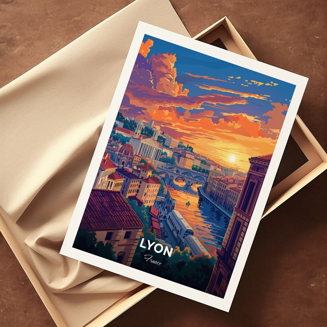 Lyon France Sunset Over the River Old Town Cityscape Art Poster - Image 3