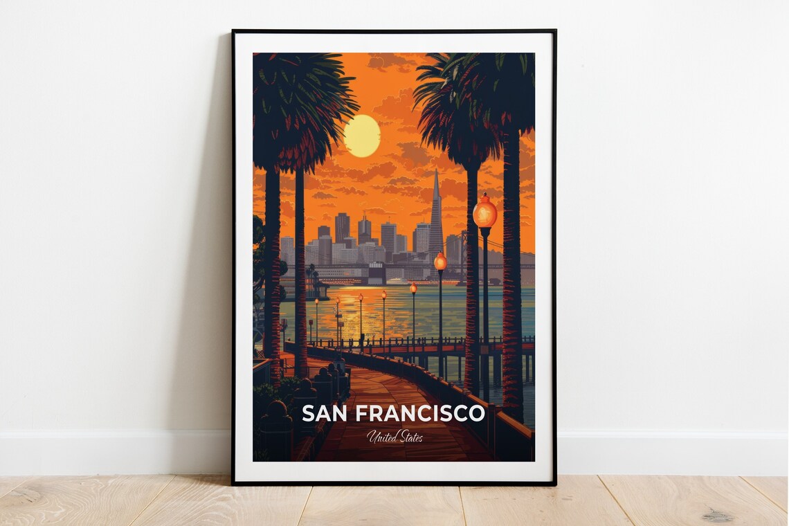 San Francisco Bayfront Pier Sunset Skyline Lamps Travel Scene Poster