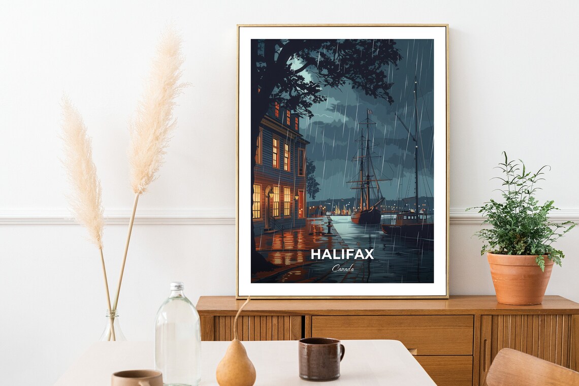 Halifax Canada Historic Tall Ship Night Harbor Rain Glow Art Poster - Image 2