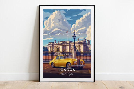 London United Kingdom Buckingham Palace Gates Classic Car Travel Poster