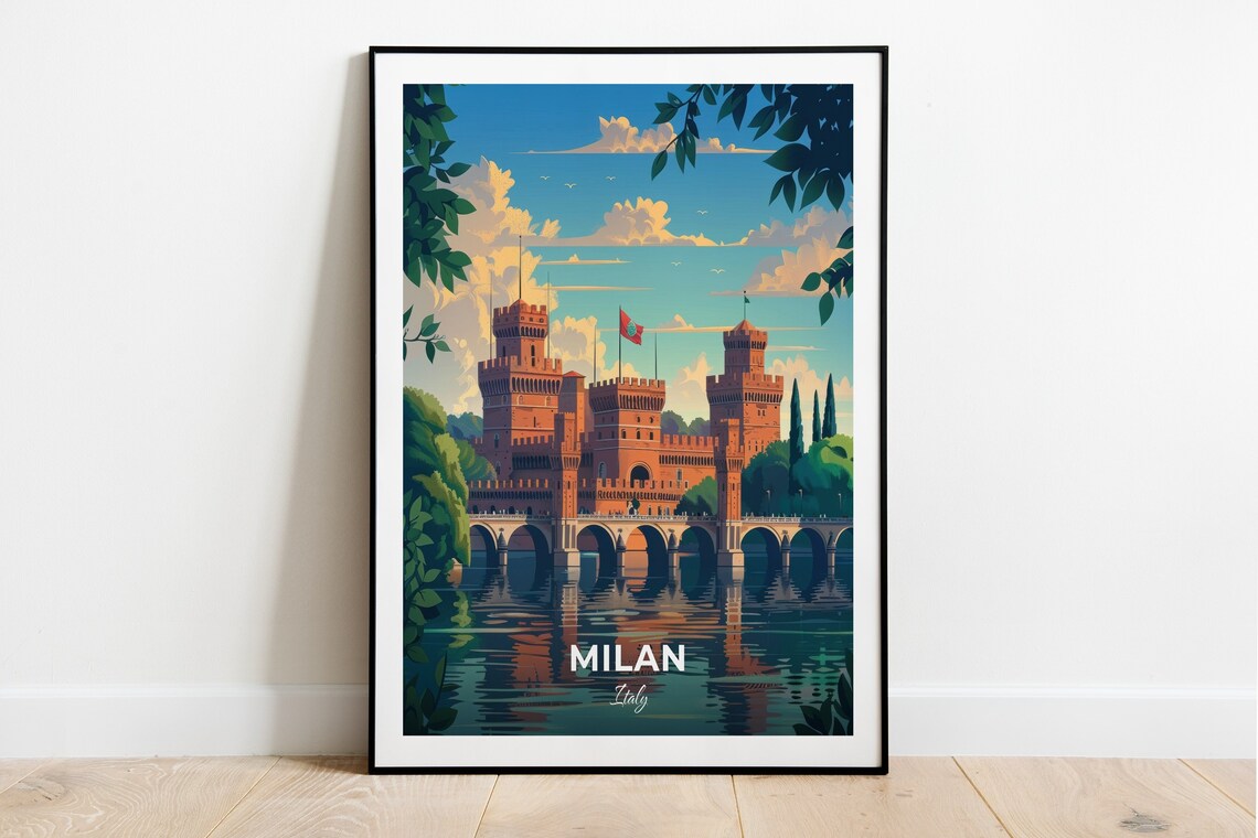 Milan Italy Historic Red Brick Castle Reflecting Over Calm Water Poster