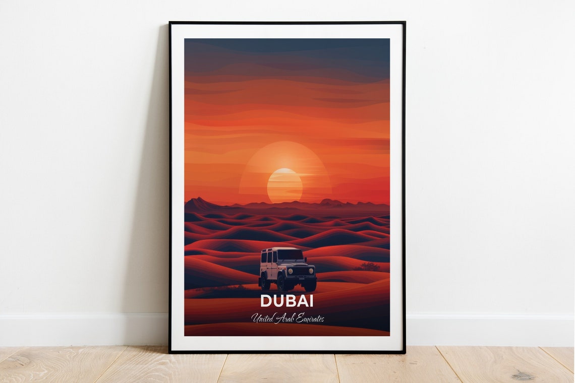 Dubai Desert Safari Jeep Sunset Over Crimson Red Dunes Poster