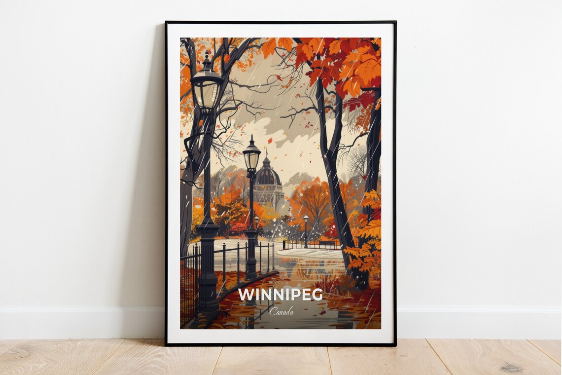 Winnipeg Assiniboine Park Autumn Rain Lampposts Canada Vintage Travel Poster