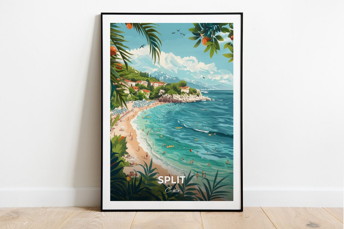 Split Croatia Bacvice Beach Sandy Cove Swimmers Summer Travel Poster