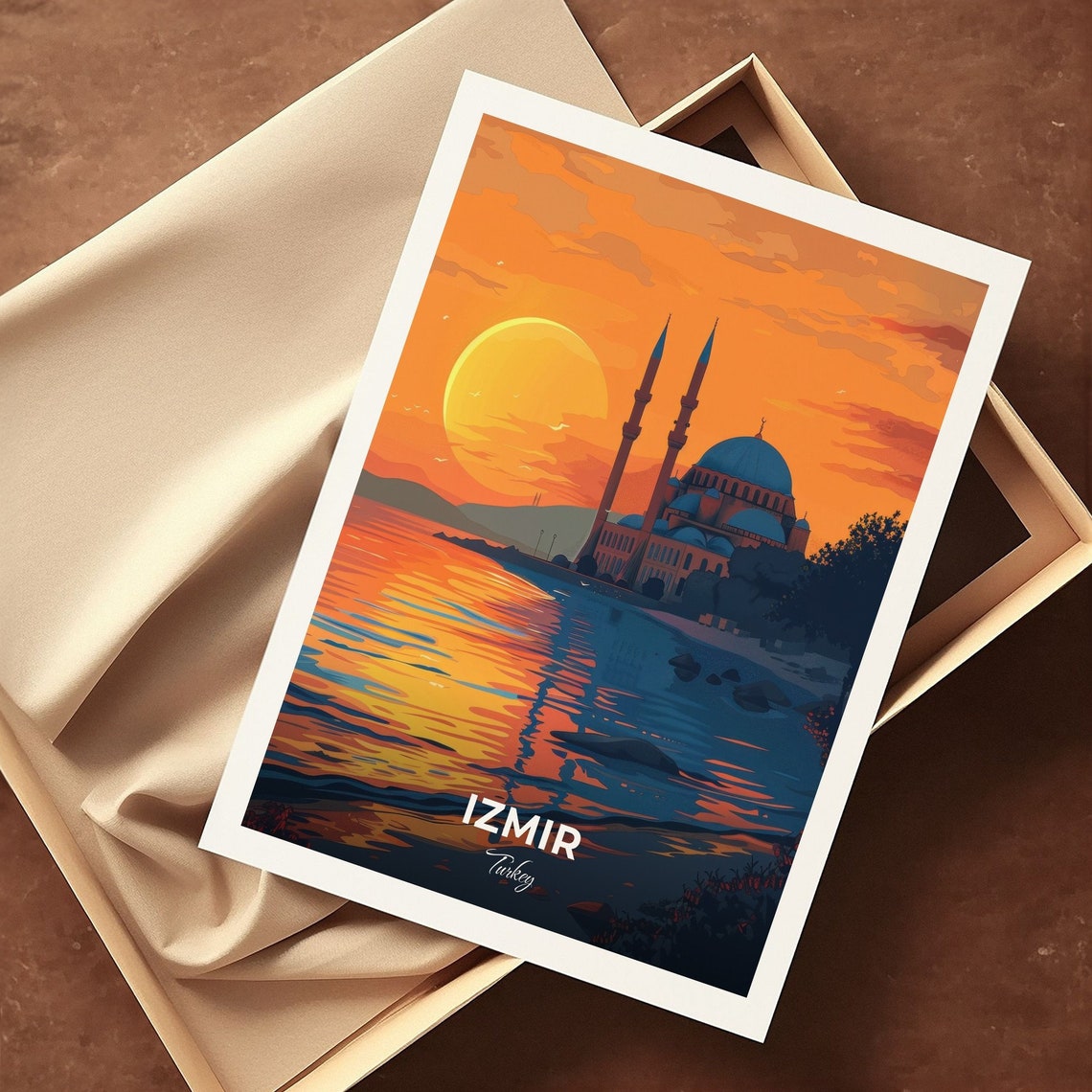 Izmir Sunset Mosque Silhouette Over The Water Turkey Travel Poster - Image 3