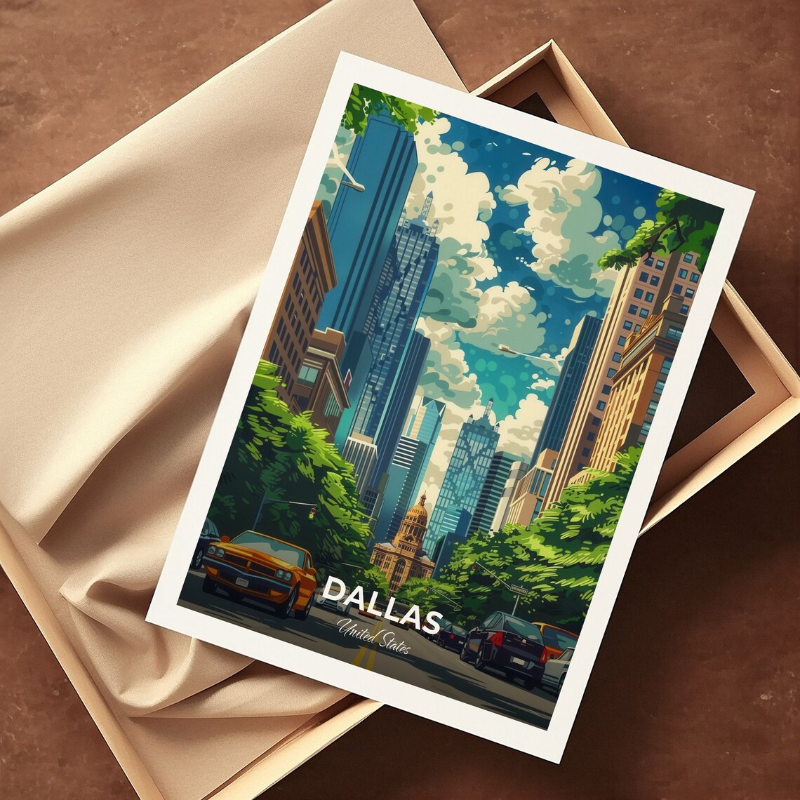 Dallas Downtown Street Skyline Classic Cars City Travel Poster - Image 3
