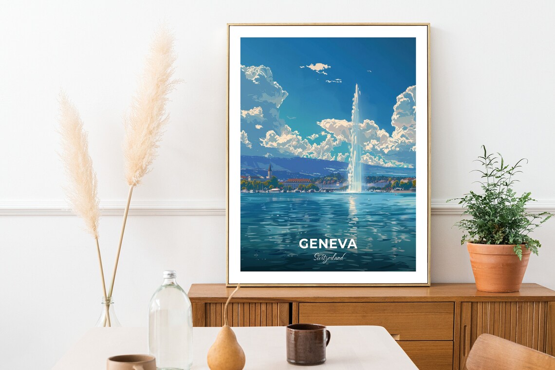 Geneva Switzerland Water Jet Fountain Lake Geneva City Travel Poster - Image 2
