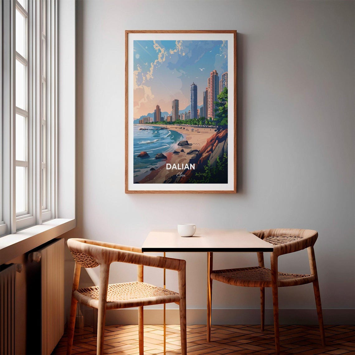 Dalian China Sunny Beach Skyline Towers Blue Wave Art Poster - Image 2