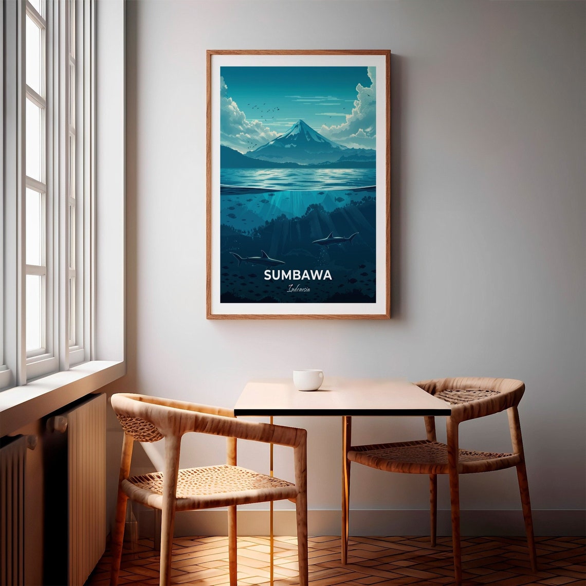 Sumbawa Indonesia Volcano and Sharks Split View Travel Poster - Image 2