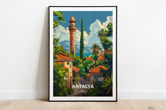 Antalya Turkey Yivli Minare Tower Travel Poster Old Town Gardens Art