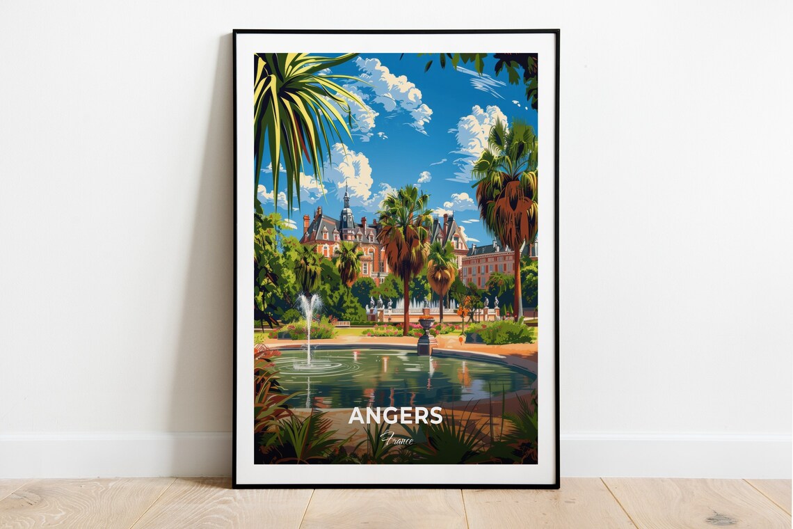 Angers France Fountain Garden Palace Palms Travel Art Poster