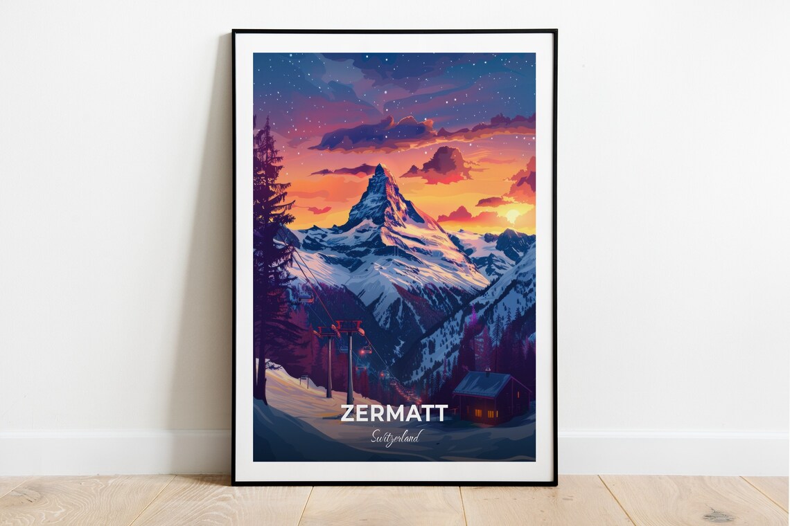 Zermatt Switzerland Matterhorn Alpenglow Ski Slopes Cabin Travel Poster