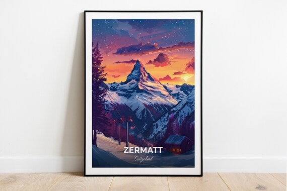 Zermatt Switzerland Matterhorn Alpenglow Ski Slopes Cabin Travel Poster