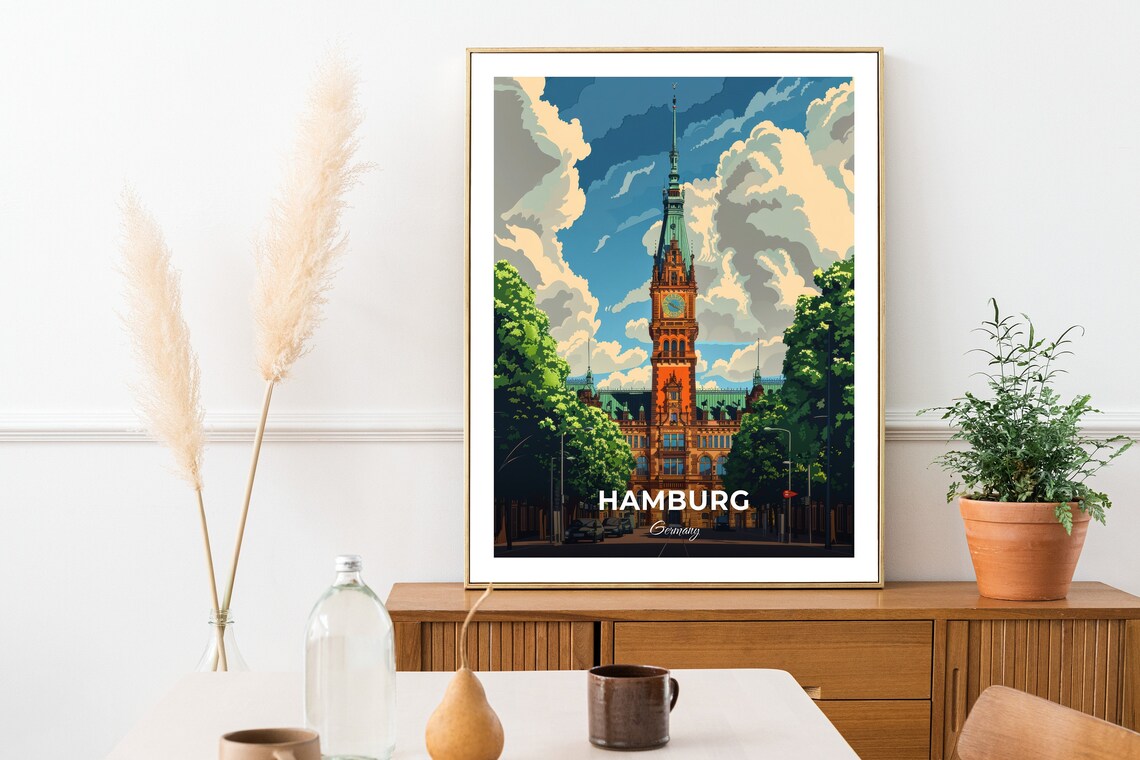 Hamburg City Hall Rathaus Clock Tower Green Park Travel Poster - Image 2