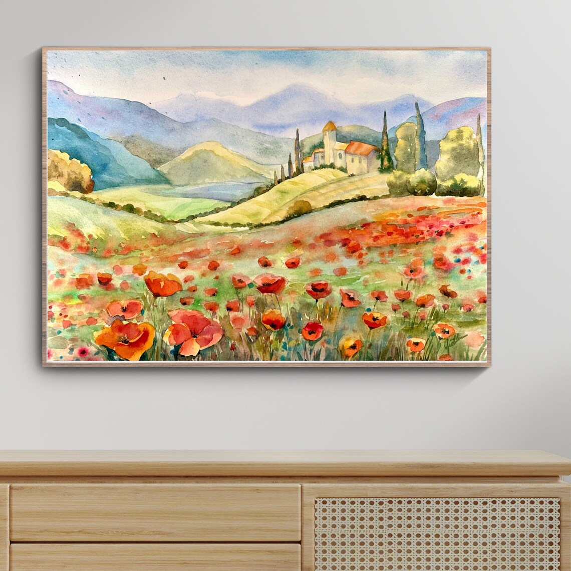 Tuscan Villa Above a Red Poppy Field Watercolor Landscape Poster - Image 6