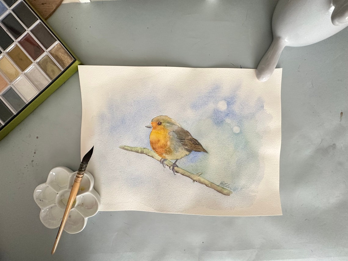 European Robin on Bare Branch Soft Blue Watercolor Garden Poster - Image 6