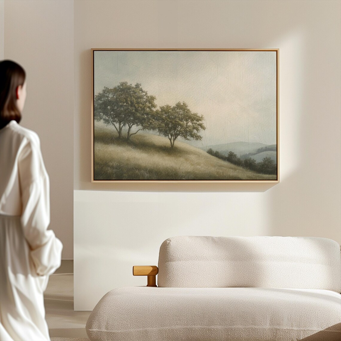 Peaceful Foggy Hills Landscape Painting Minimalist Trees Wall Art - Image 4