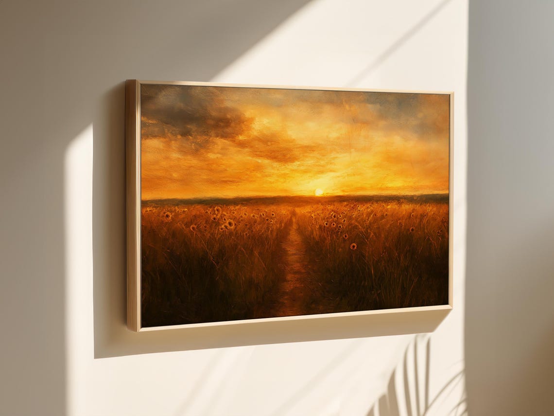 Golden Sunset Glow Over an Endless Sunflower Field Path Poster - Image 2