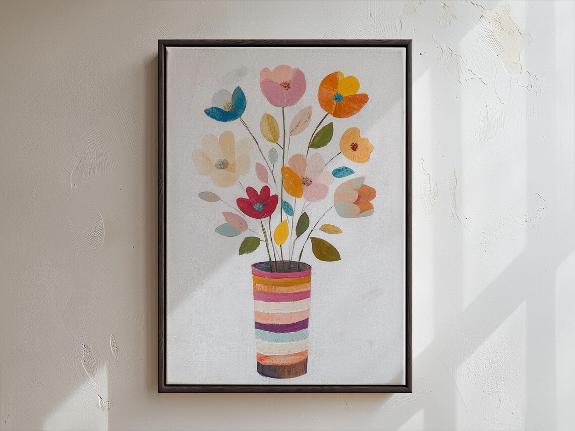 Playful Folk Art Flowers in Rainbow Striped Vase Colorful Wall Art - Image 2