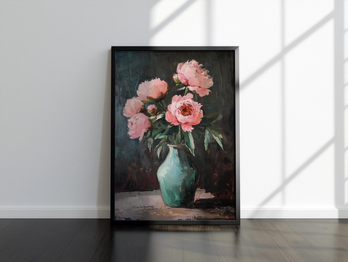 Moody Blush Pink Peonies in Teal Vase Dark Floral Oil Wall Art - Image 2