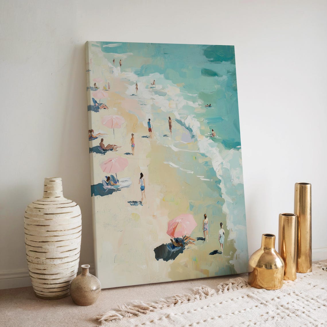Joyful Aerial Beach Day with Pink Umbrellas Summer Art Poster