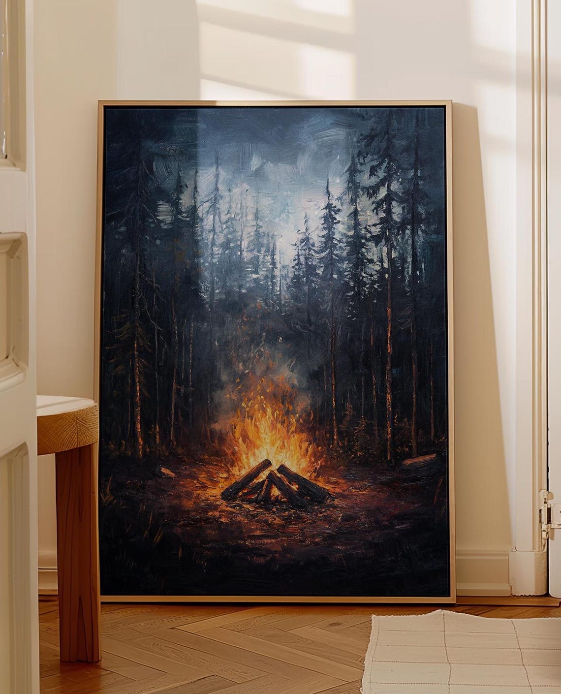 Glowing Campfire in Dark Pine Forest at Night Oil Painting Poster - Image 4