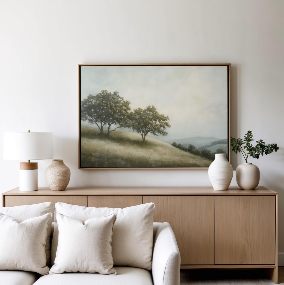 Peaceful Foggy Hills Landscape Painting Minimalist Trees Wall Art - Image 5