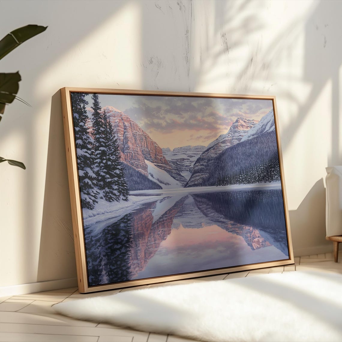 Winter Mountain Lake Mirror Reflection at Soft Pink Dusk Poster - Image 3
