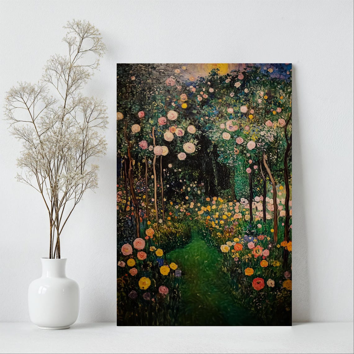 Moonlit Rose Garden Blooming at Night in Impressionist Style Poster