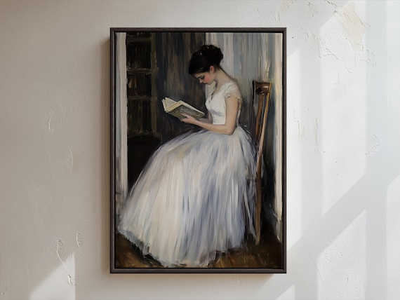 Classic Vintage Woman Reading a Book Oil Painting Elegant Wall Art
