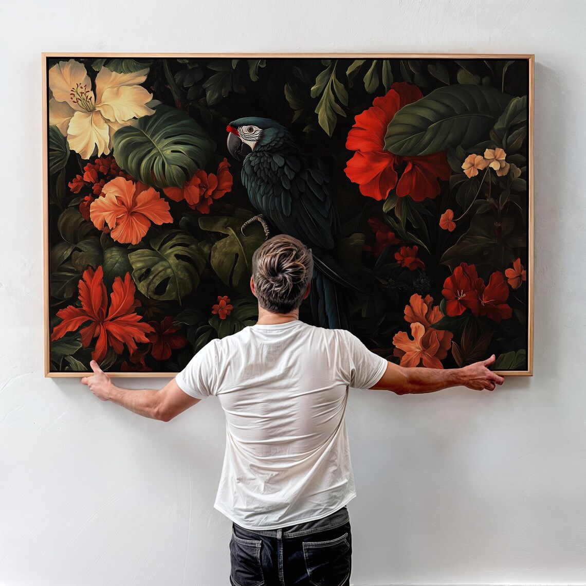 Dark Jungle Macaw Parrot Tropical Hibiscus Flower Art Poster - Image 5