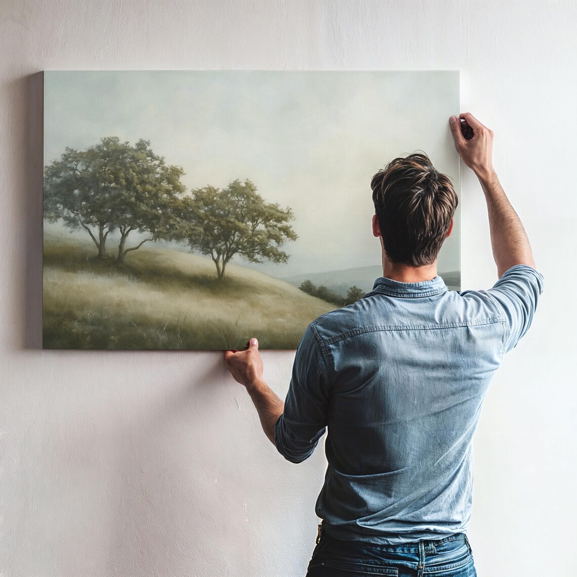 Peaceful Foggy Hills Landscape Painting Minimalist Trees Wall Art - Image 3