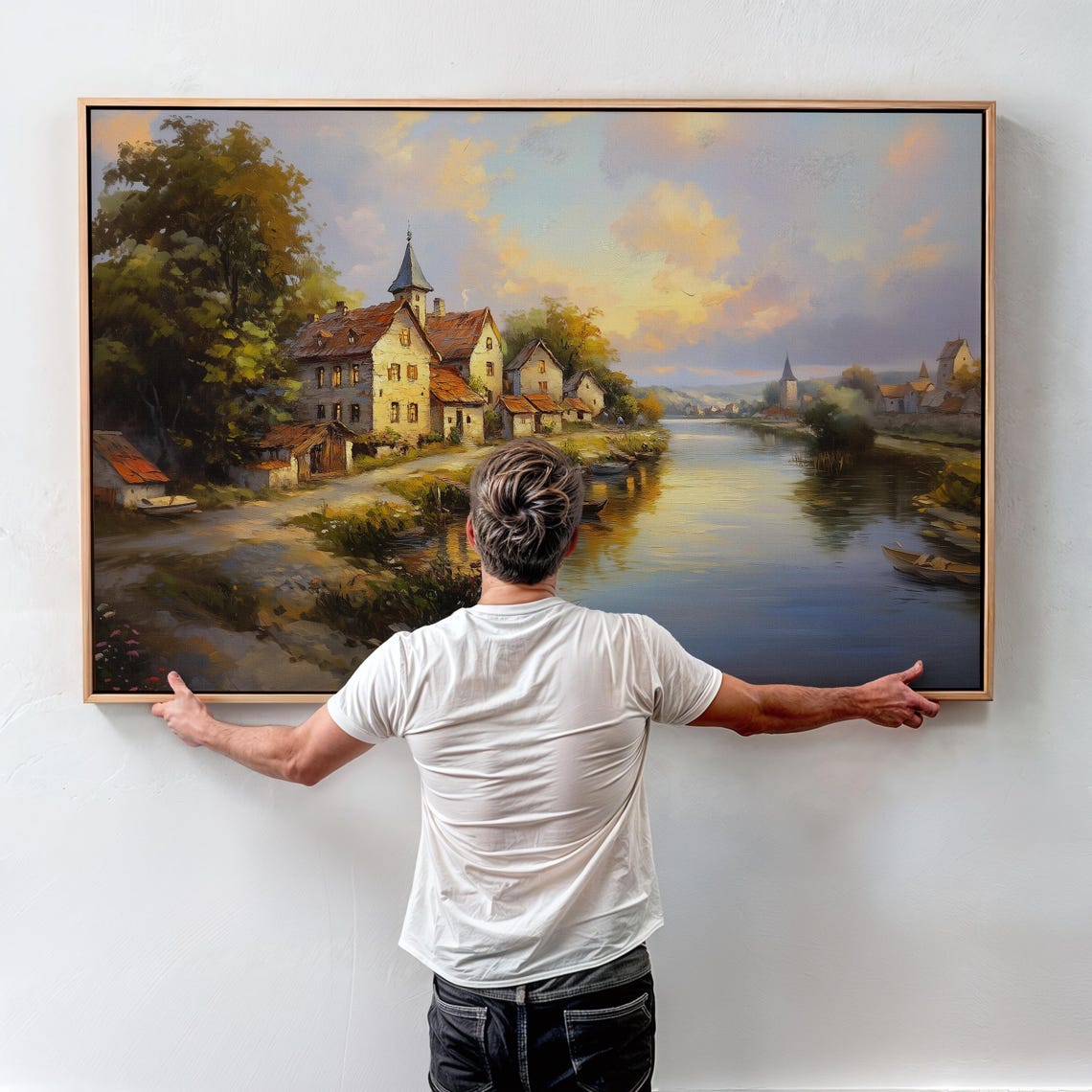 European Riverside Village at Golden Sunset Oil Painting Poster - Image 5