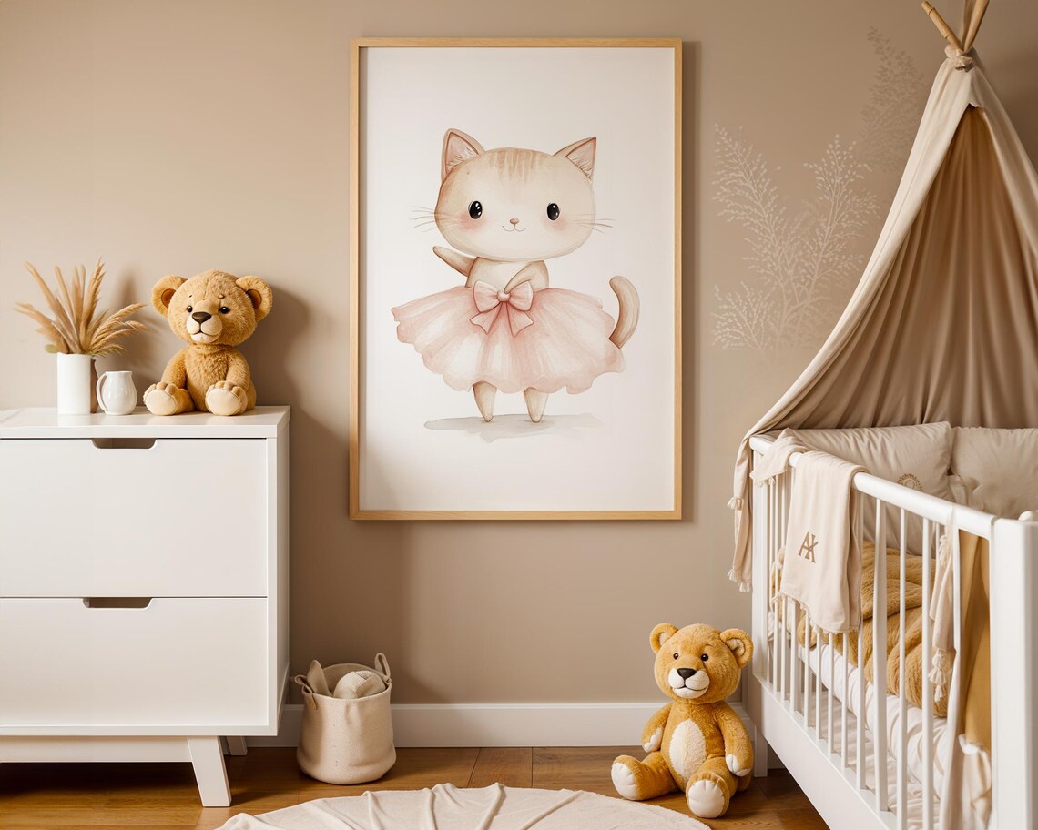 Sweet Dainty Kitten Ballerina with Pink Bow Nursery Art Poster - Image 3
