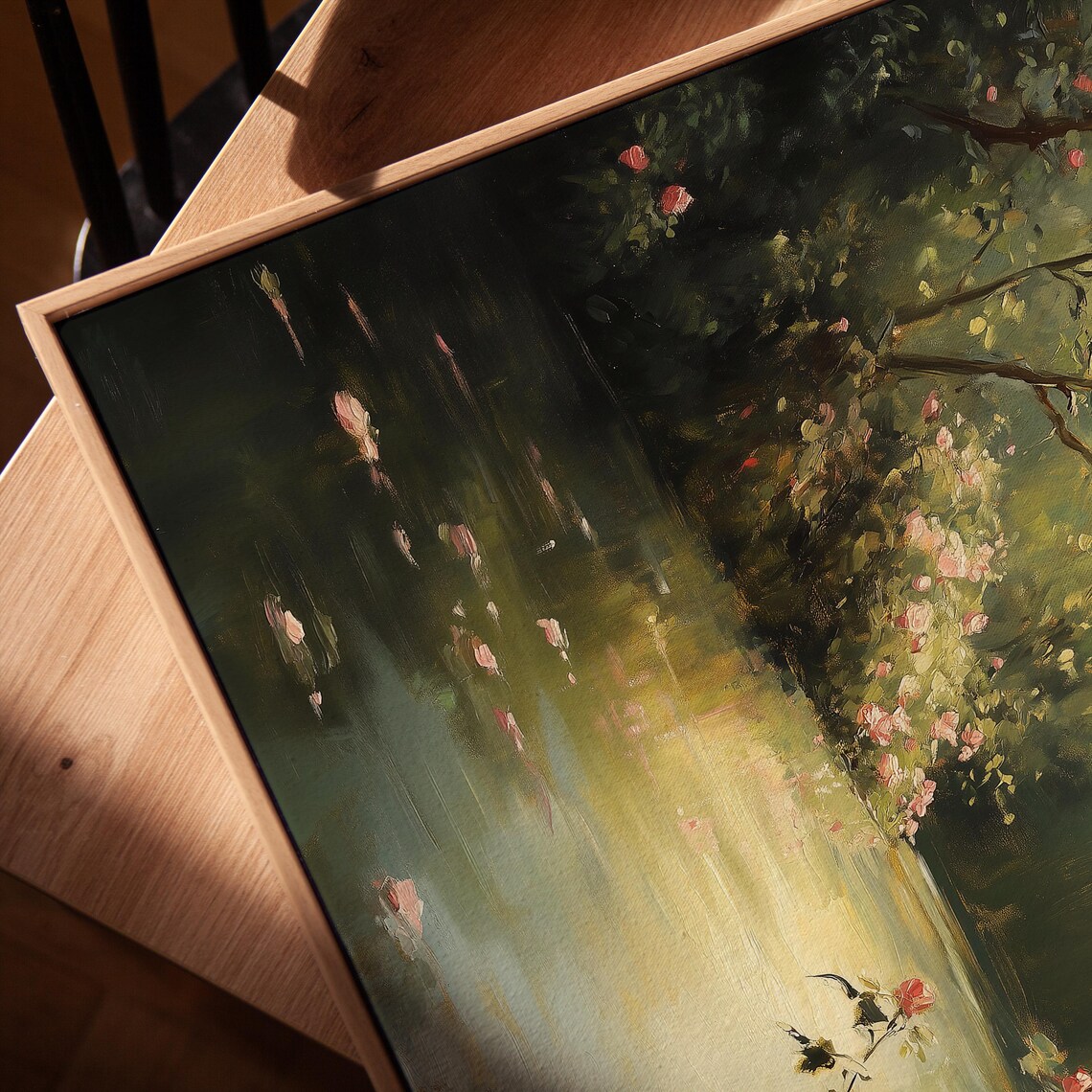 Pink Rose Garden Overhanging a Still Pond Impressionist Poster - Image 2