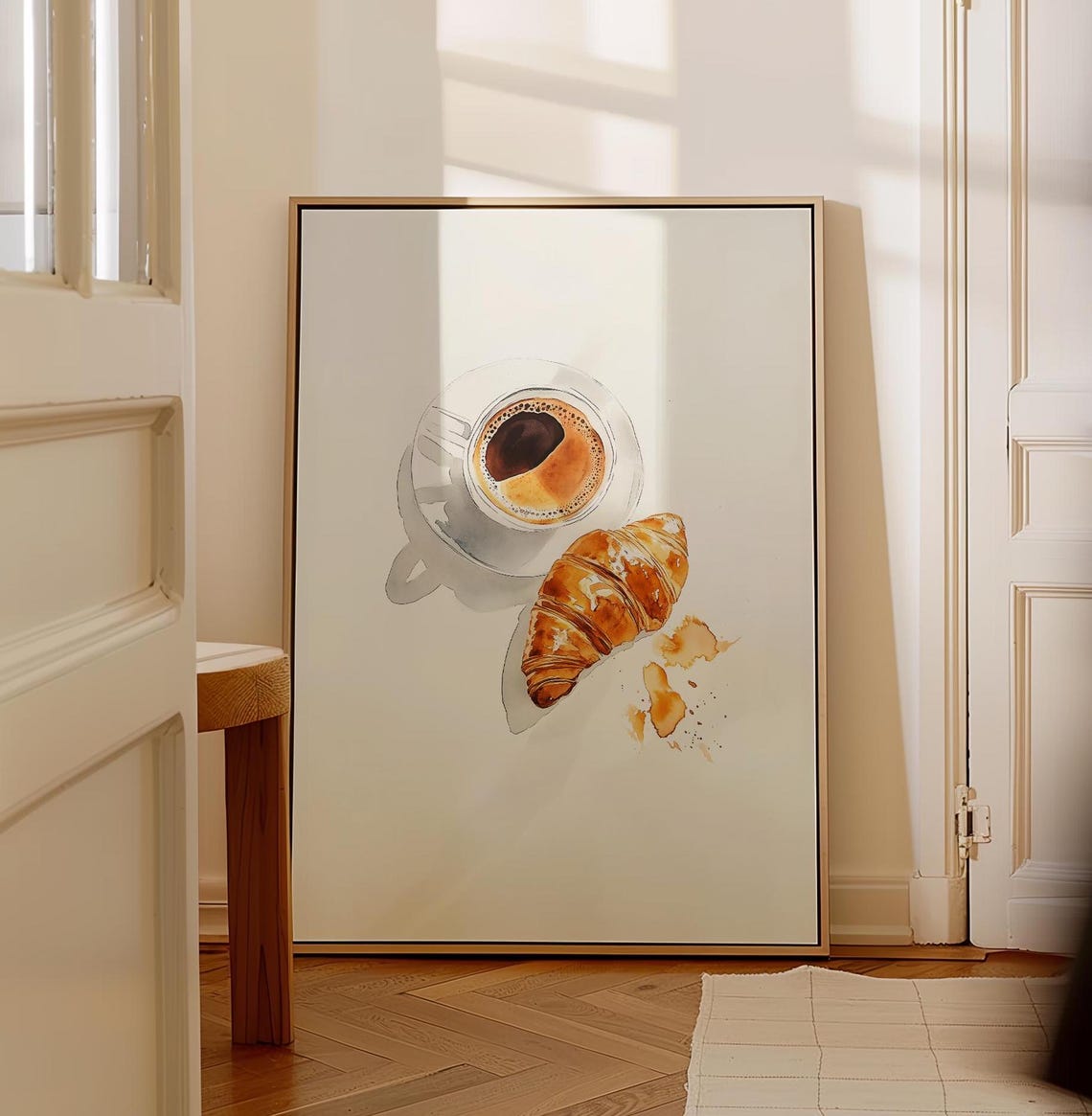 Watercolor Croissant and Coffee Breakfast Kitchen Wall Art Gift - Image 5