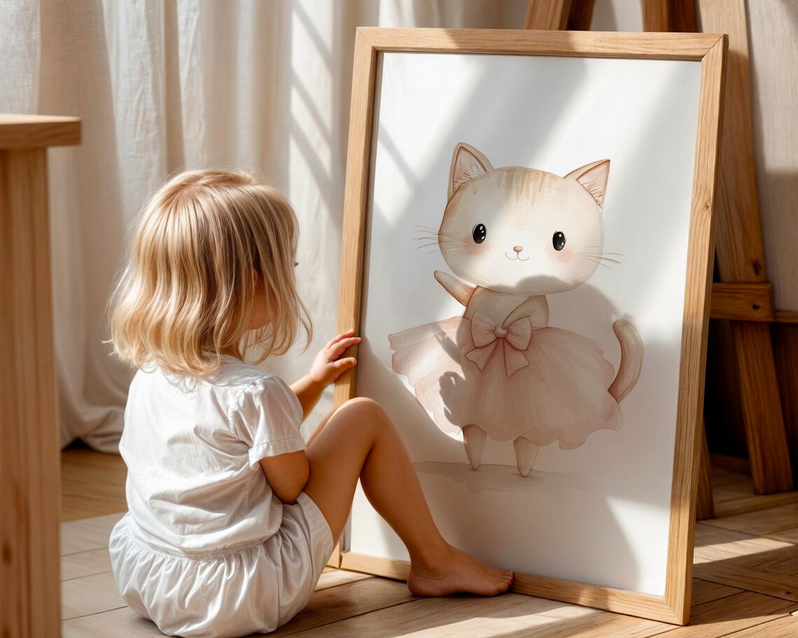 Sweet Dainty Kitten Ballerina with Pink Bow Nursery Art Poster - Image 5