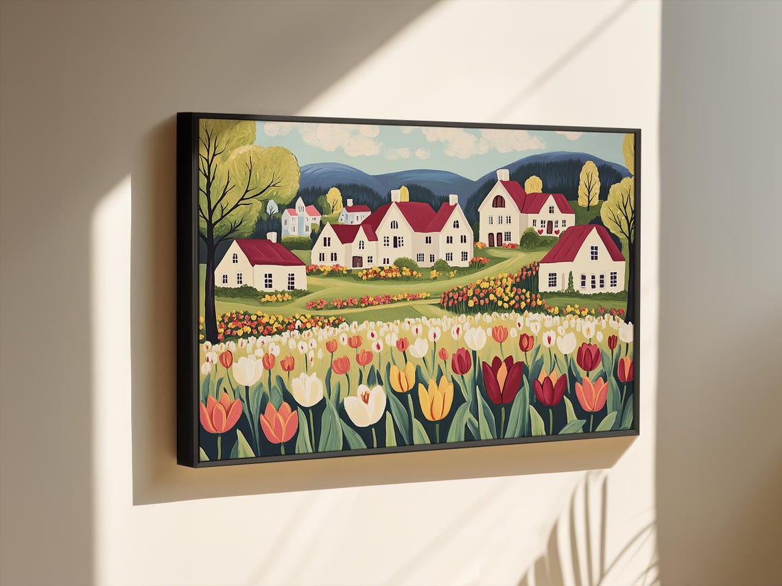 Charming Red-Roofed Village Above a Tulip Field Landscape Poster - Image 3