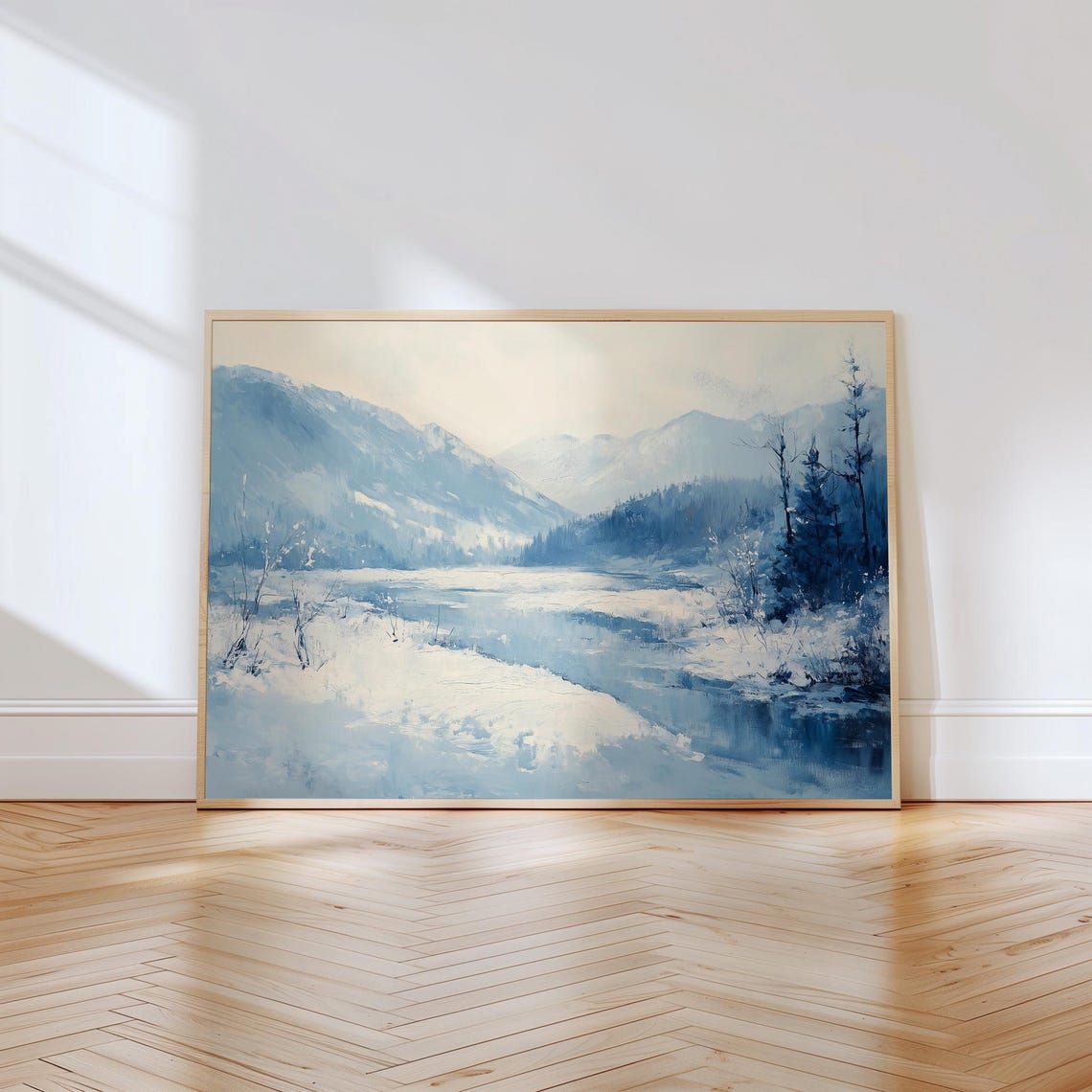Serene Blue Winter Mountain Valley With a Snowy River Poster - Image 2