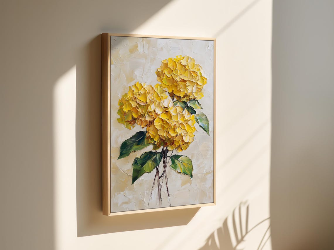 Golden Sunny Yellow Hydrangea Blossom Textured Style Art Poster - Image 2