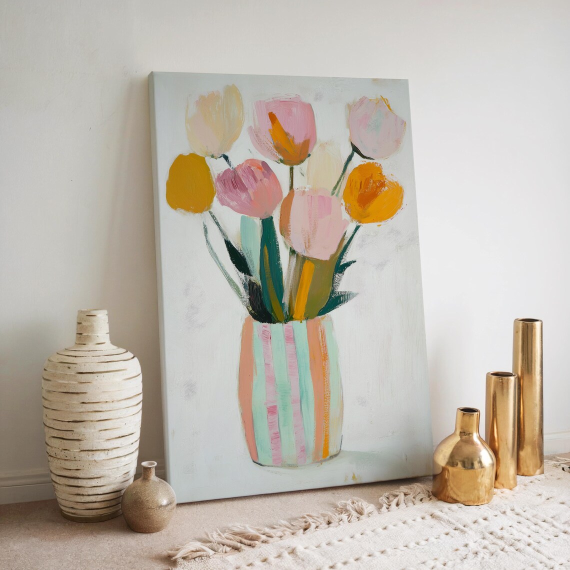 Modern Pastel Tulips Floral Painting in Striped Vase Wall Art - Image 2