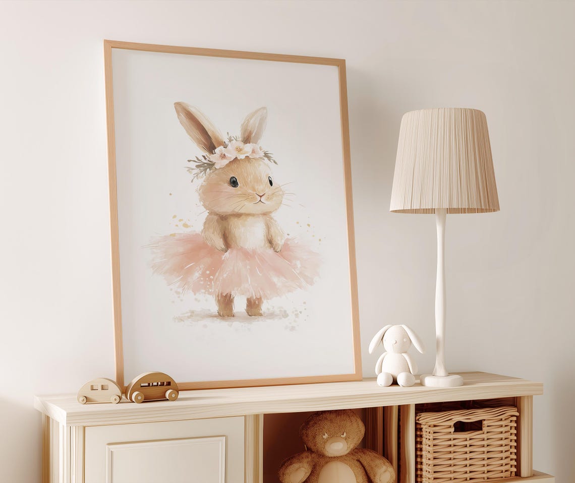 Sweet Standing Ballet Bunny Watercolor Nursery Wall Art Pink Tutu - Image 5