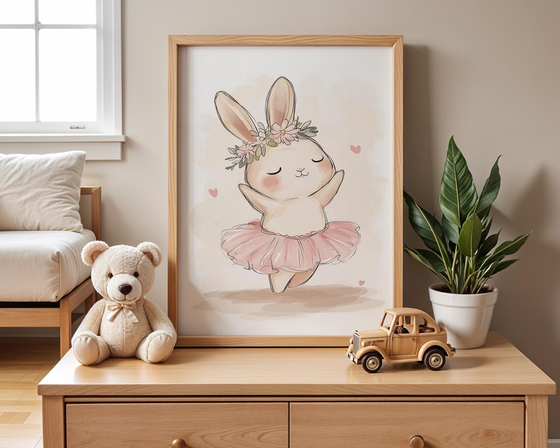 Watercolor Ballerina Bunny Nursery Wall Art Floral Crown Pose