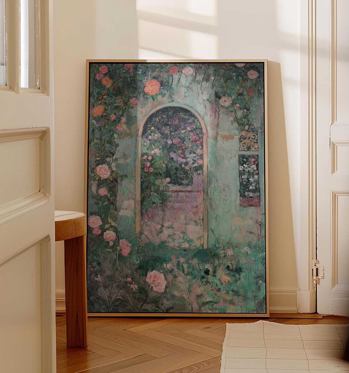 Rose Covered Garden Archway in Impressionist Floral Style Poster
