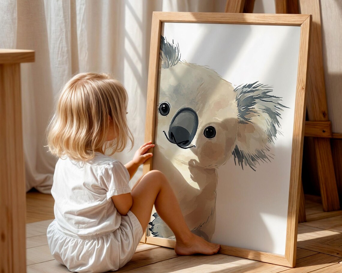 Cute Smiling Watercolor Koala Nursery Wall Art Fluffy Baby Animal - Image 4