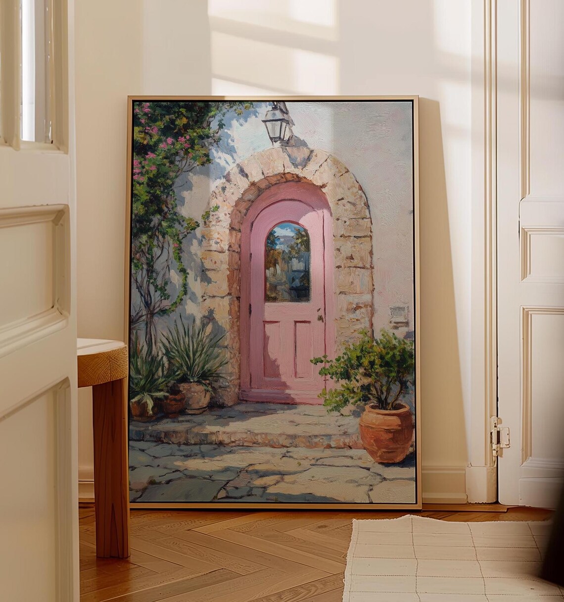 Pink Door Painting Greek Architecture Art Lush Greenery Art Stone Archway Wall Decor Travel Poster Style Art European Street Scene
