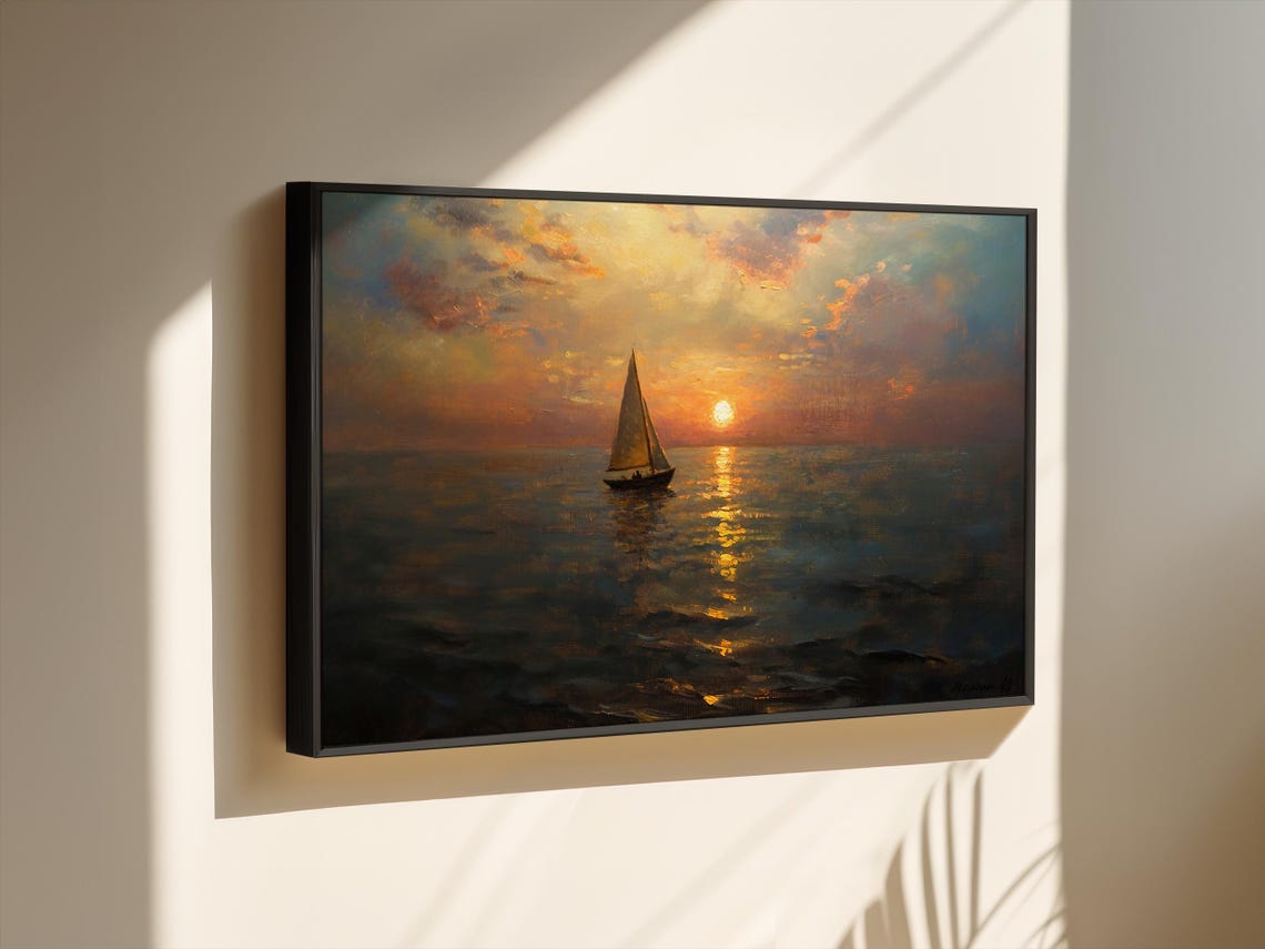 Lone Sailboat at Sunset over Golden Hour Ocean Seascape Wall Art - Image 3