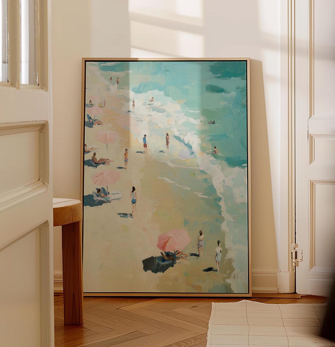 Joyful Aerial Beach Day with Pink Umbrellas Summer Art Poster - Image 5